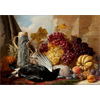 Still life of black cock, wood pigeon, a stein, silver gilt claret jug and red grapes, a gourd, peaches, plums, whitecurrants and raspberries on a marble ledge - William Duffield (1855)